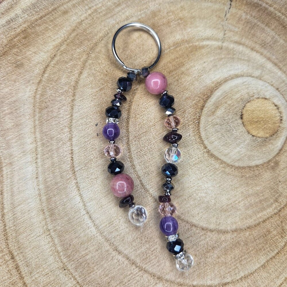 Rhodonite, Amethyst, Garnet Gemstone Beaded Keychain